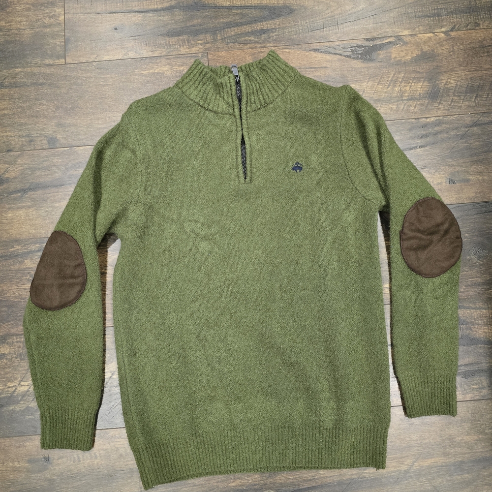 Green Half-Zip Sweater with Brown Elbow Patches